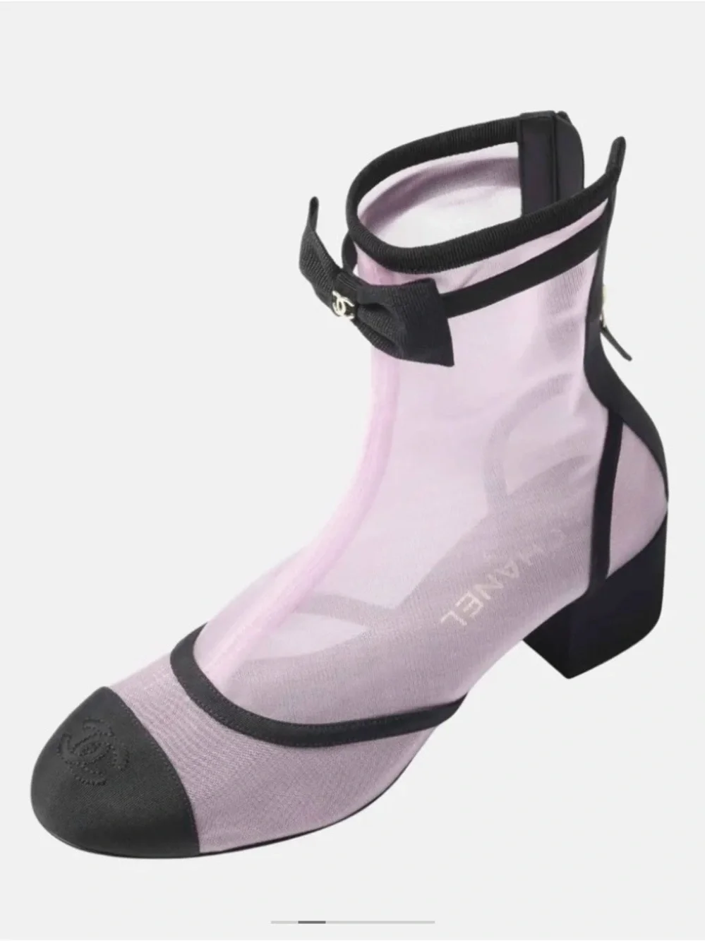 CHANEL Pink and Black Mesh Ankle Boots with Grosgrain Trim